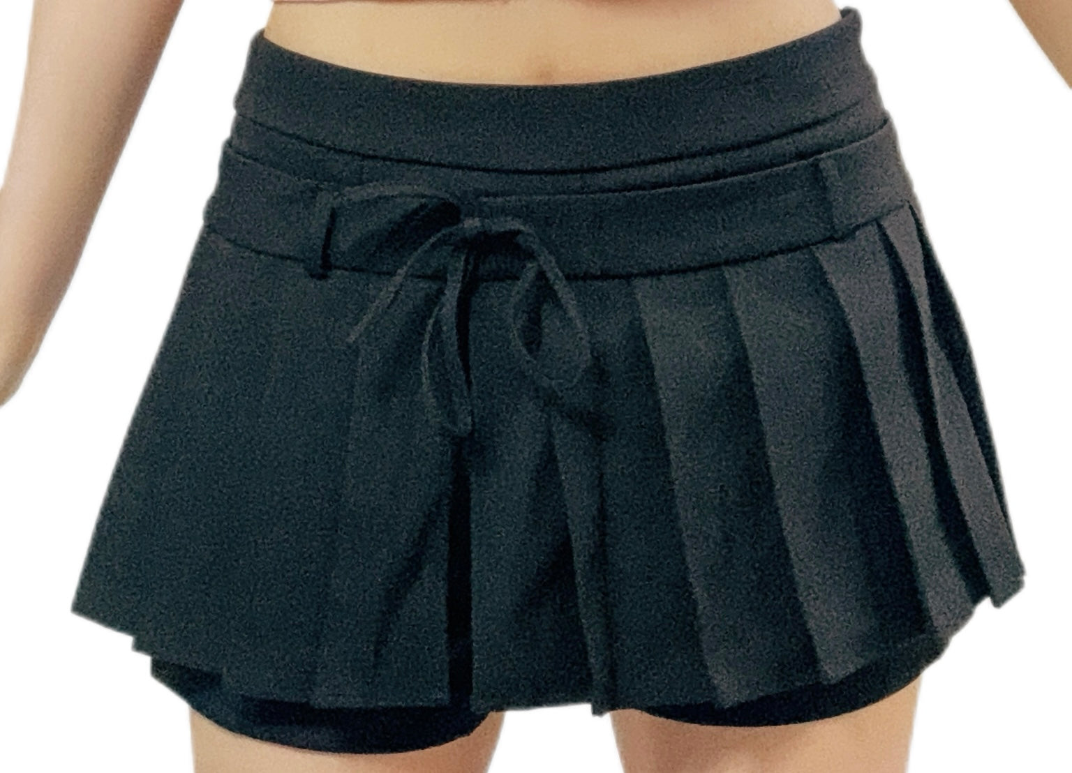 "Black Chic Pleated Bow Shorts with stylish pleats"