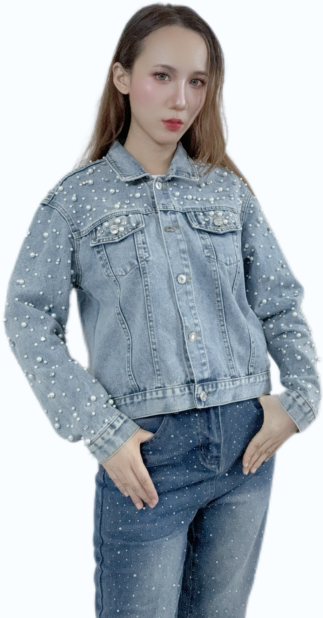 "Sparkles Diamond & Pearl Denim Jacket with elegant embellishments"