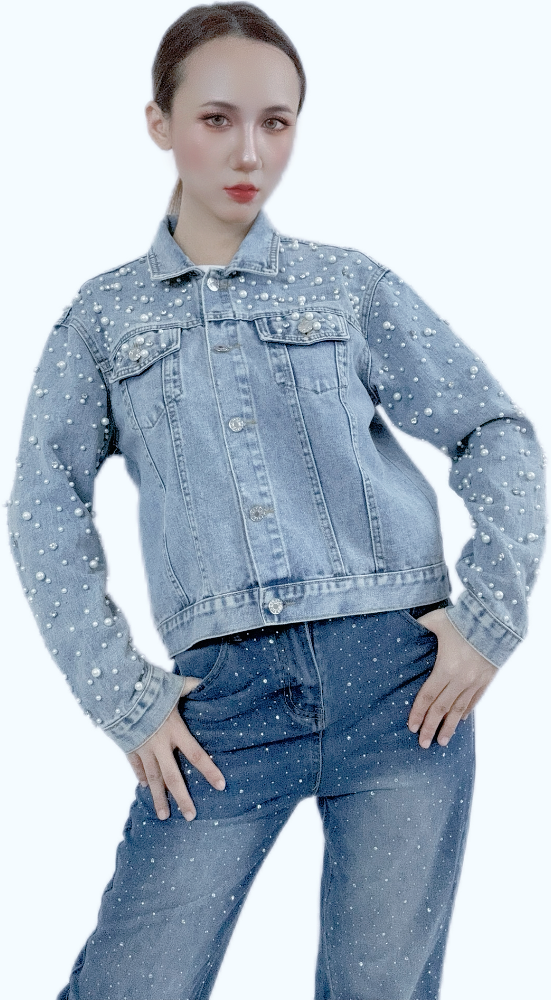 "Sparkles Diamond & Pearl Denim Jacket with elegant embellishments"