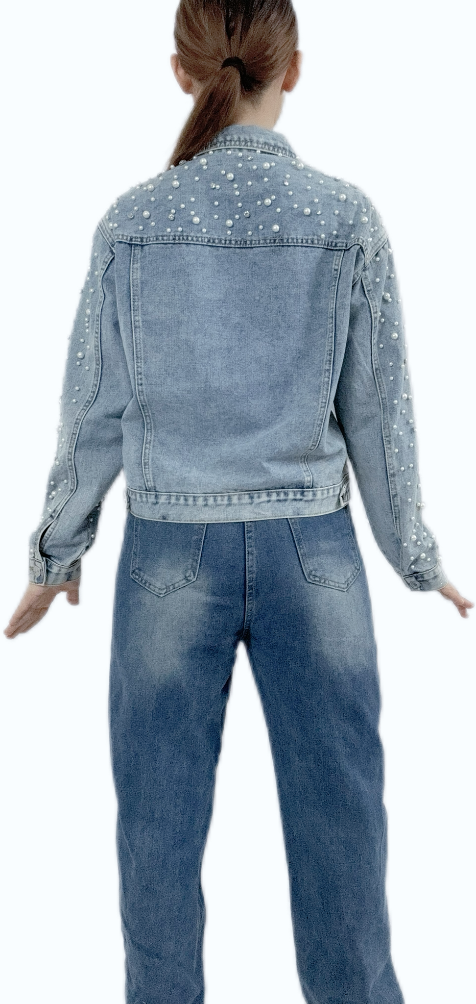 "Sparkles Diamond & Pearl Denim Jacket with elegant embellishments"