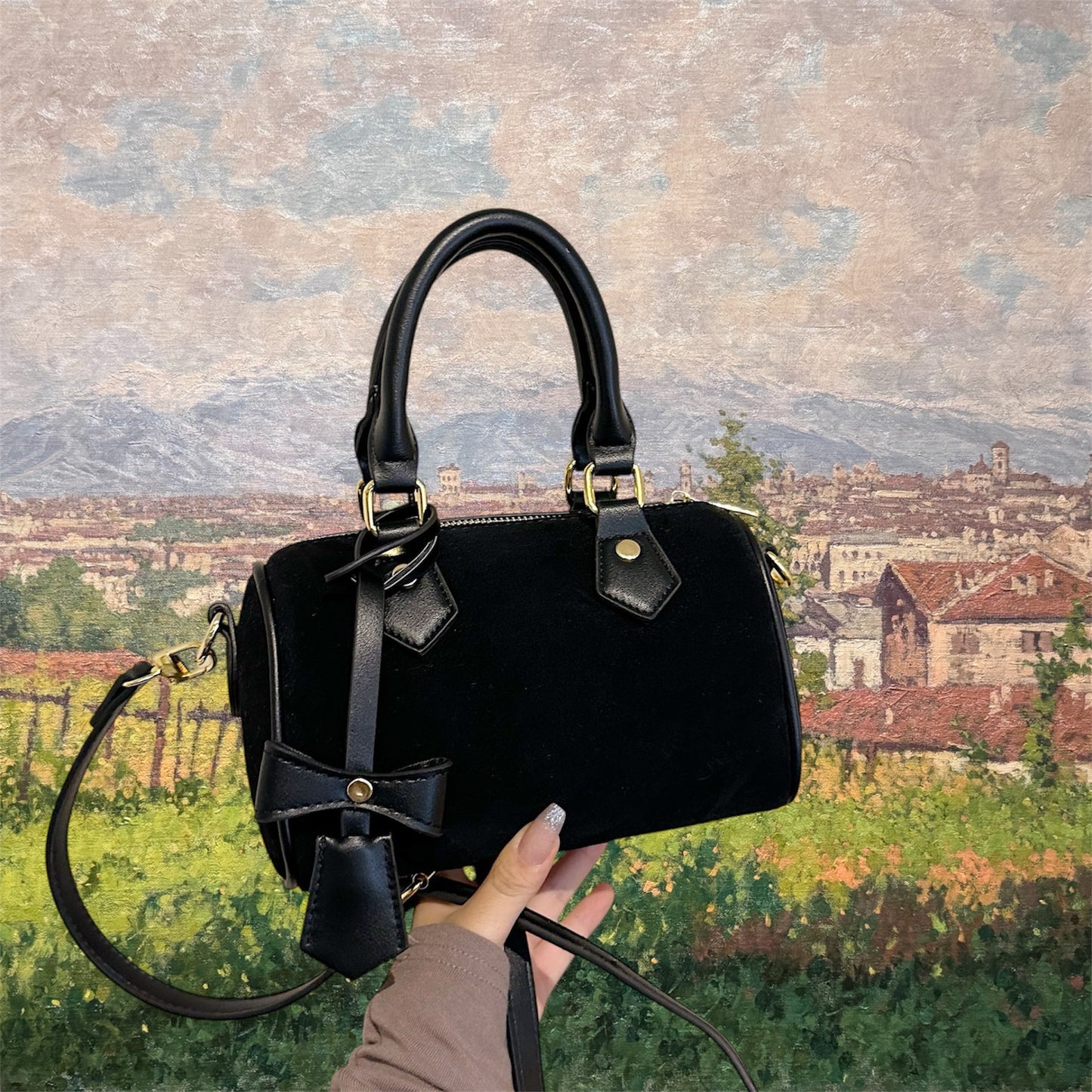 Bow Suede Boston Bag