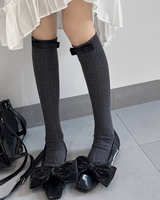 Angel Bow Socks - Midi (Below Knee) | Charcoal Grey