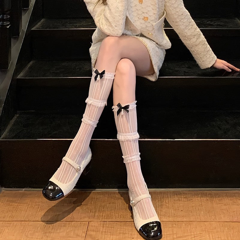 Baby Doll Pearl Ribbon Socks - Petite (Short) | Blanc White