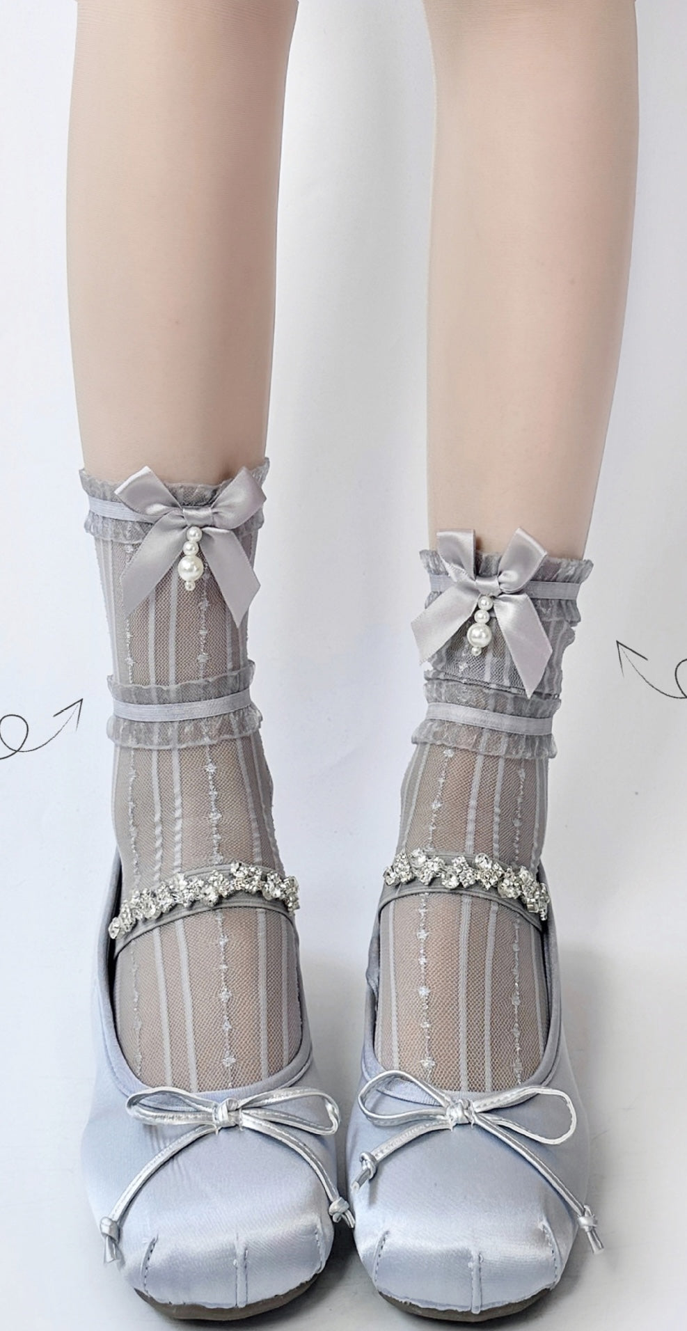 Baby Doll Pearl Ribbon Socks - Petite (Short) | Mist Grey