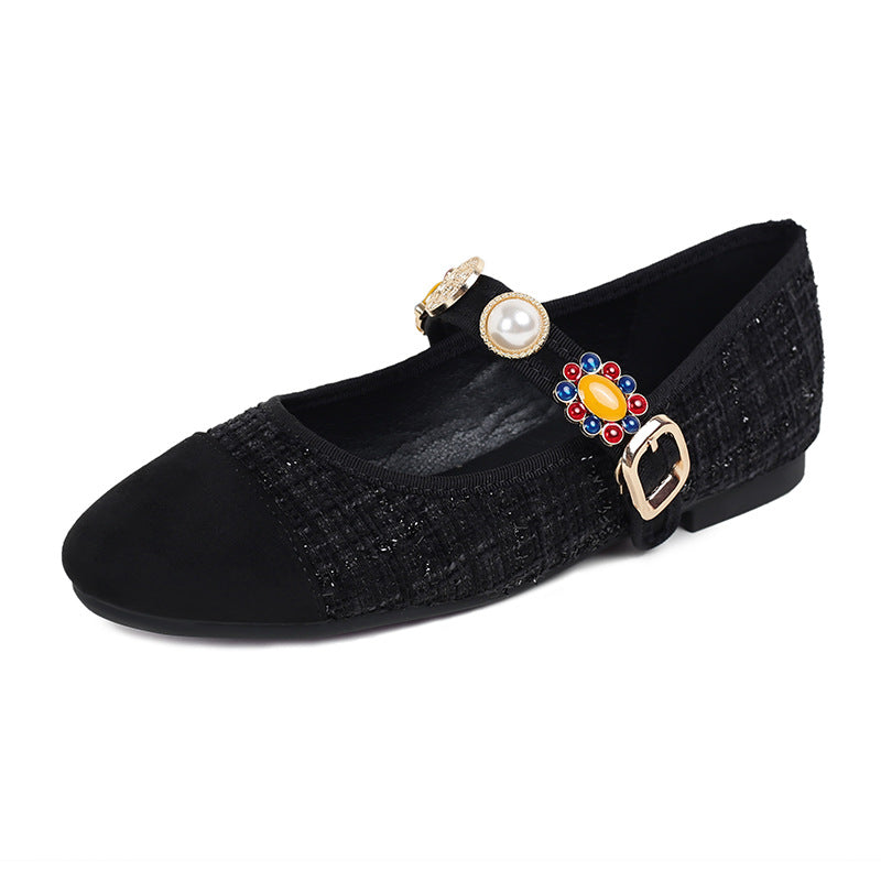 Baroque Gem Mary Jane Flats - Midnight Black