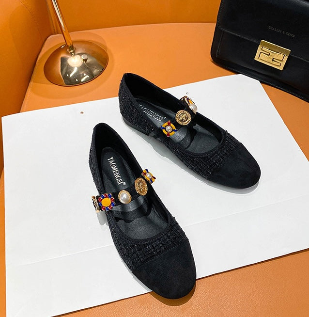 Baroque Gem Mary Jane Flats - Midnight Black