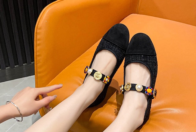 Baroque Gem Mary Jane Flats - Midnight Black