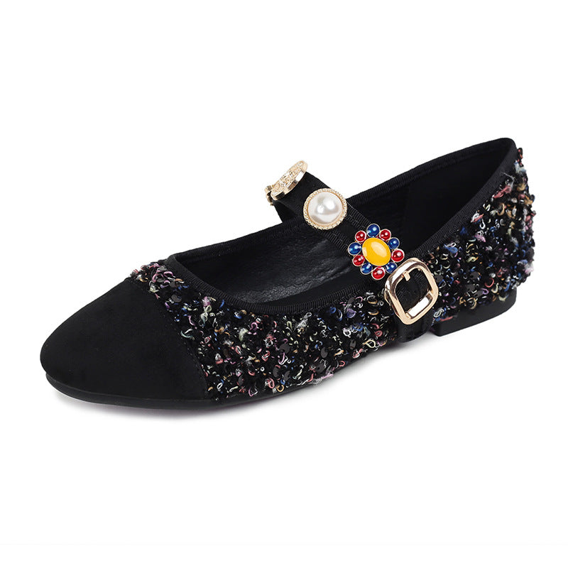 Baroque Gem Mary Jane Flats - Midnight Black