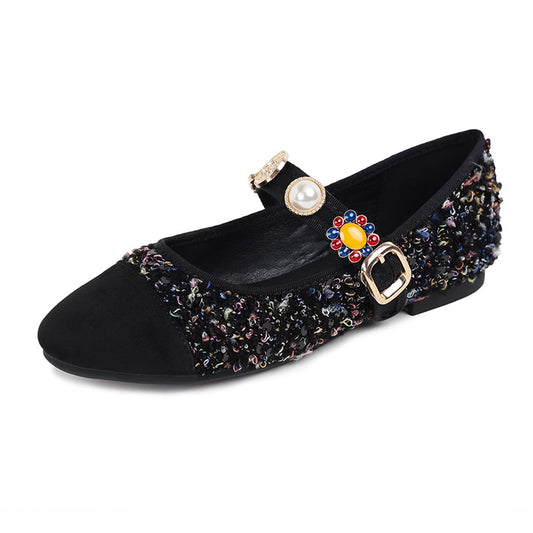 Baroque Gem Mary Jane Flats - French Navy