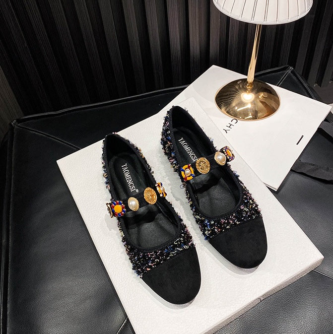 Baroque Gem Mary Jane Flats - Midnight Black