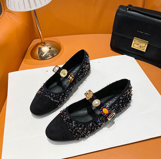 Baroque Gem Mary Jane Flats - Midnight Black