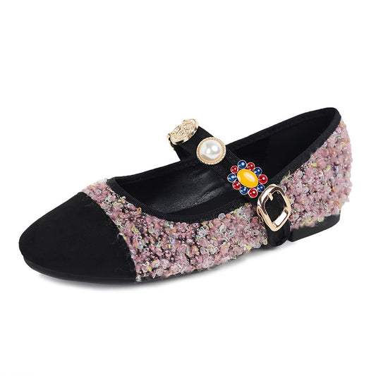 Baroque Gem Mary Jane Flats - Rose Pink