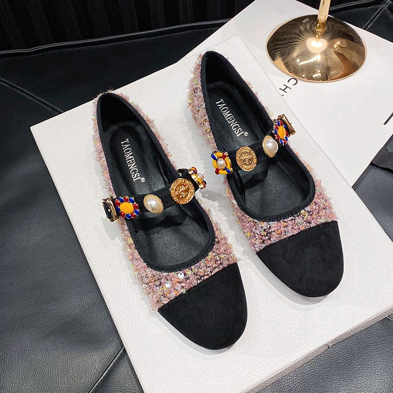 Baroque Gem Mary Jane Flats - Midnight Black