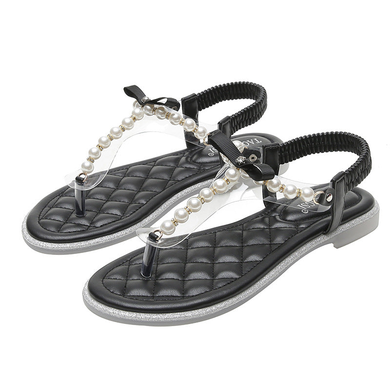 Bow Pearl Sandals - Midnight Black