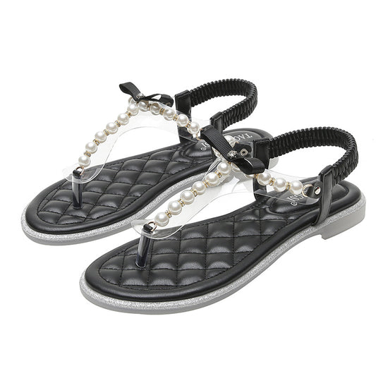 Bow Pearl Sandals - Midnight Black