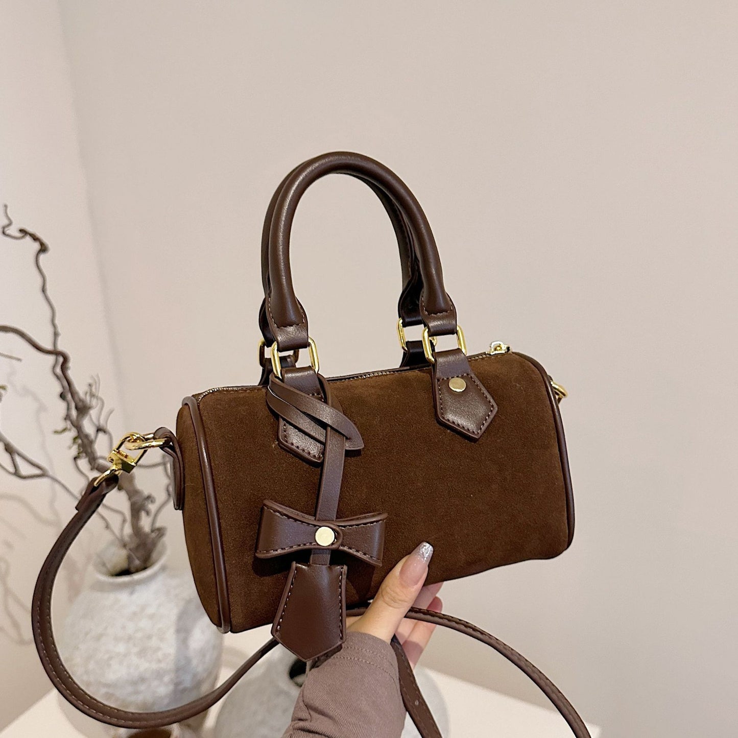 Bow Suede Boston Bag