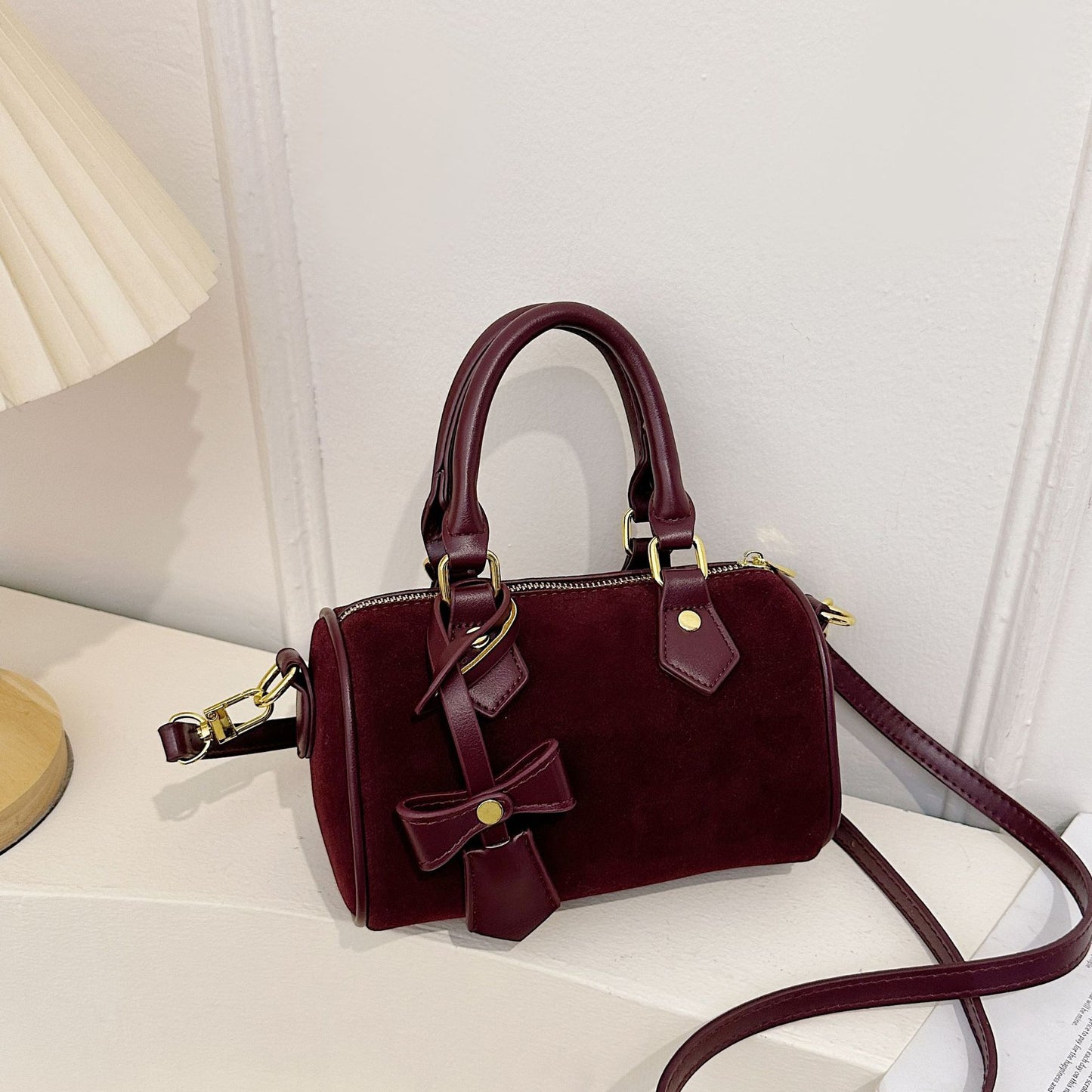 Bow Suede Boston Bag