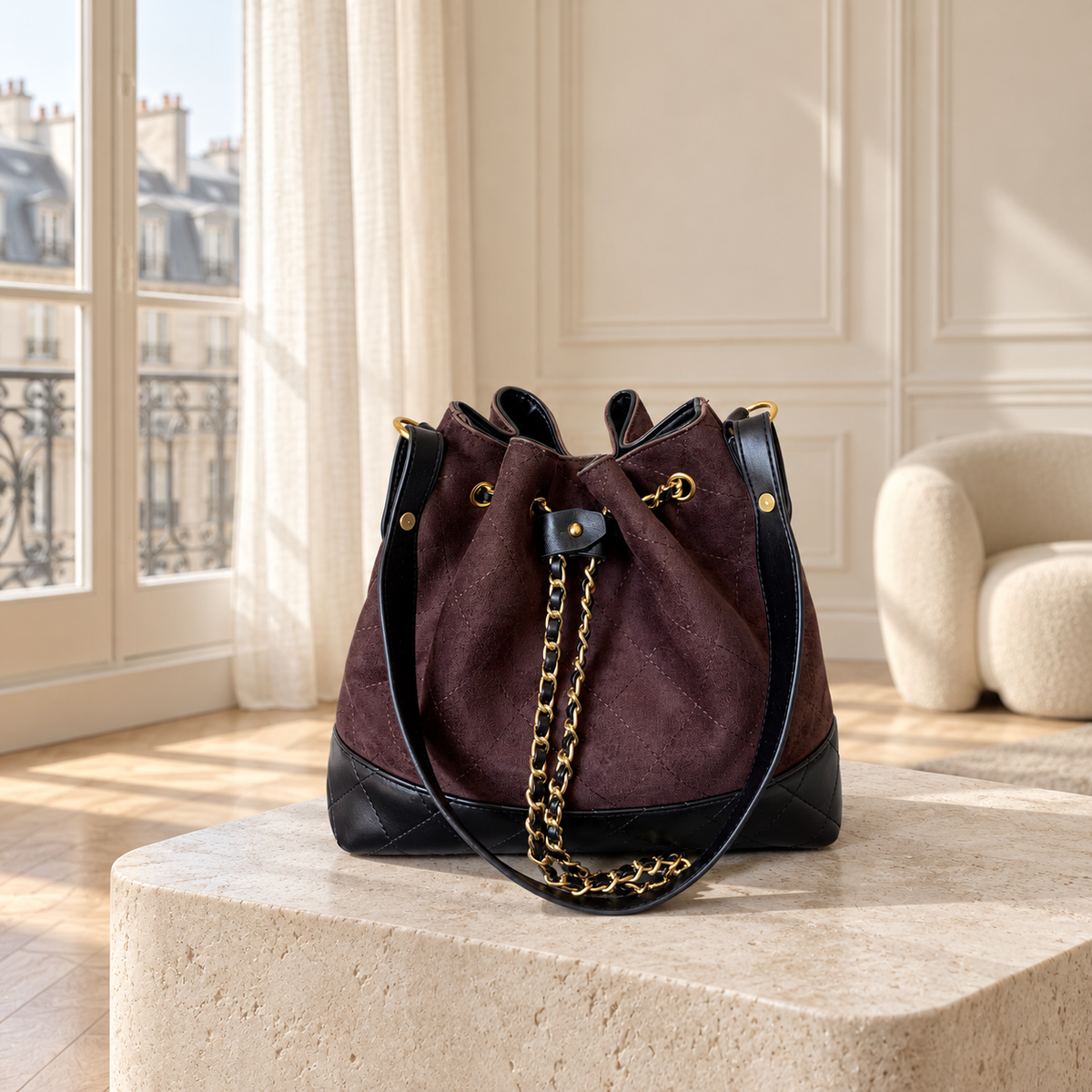 Café Suede Bucket Bag - Espresso Brown