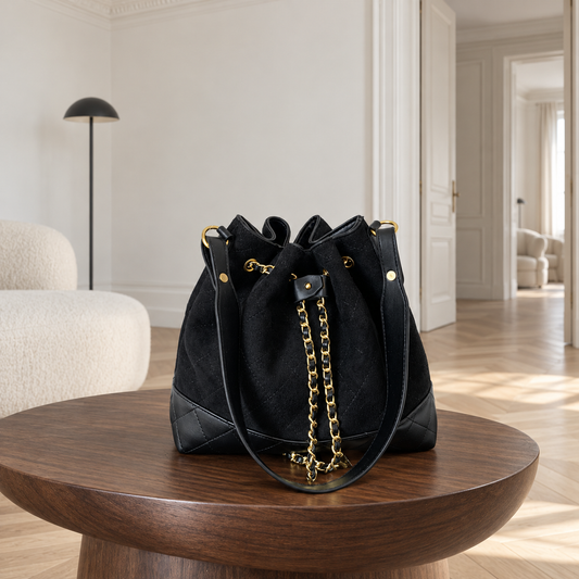 Café Suede Bucket Bag - Midnight Black