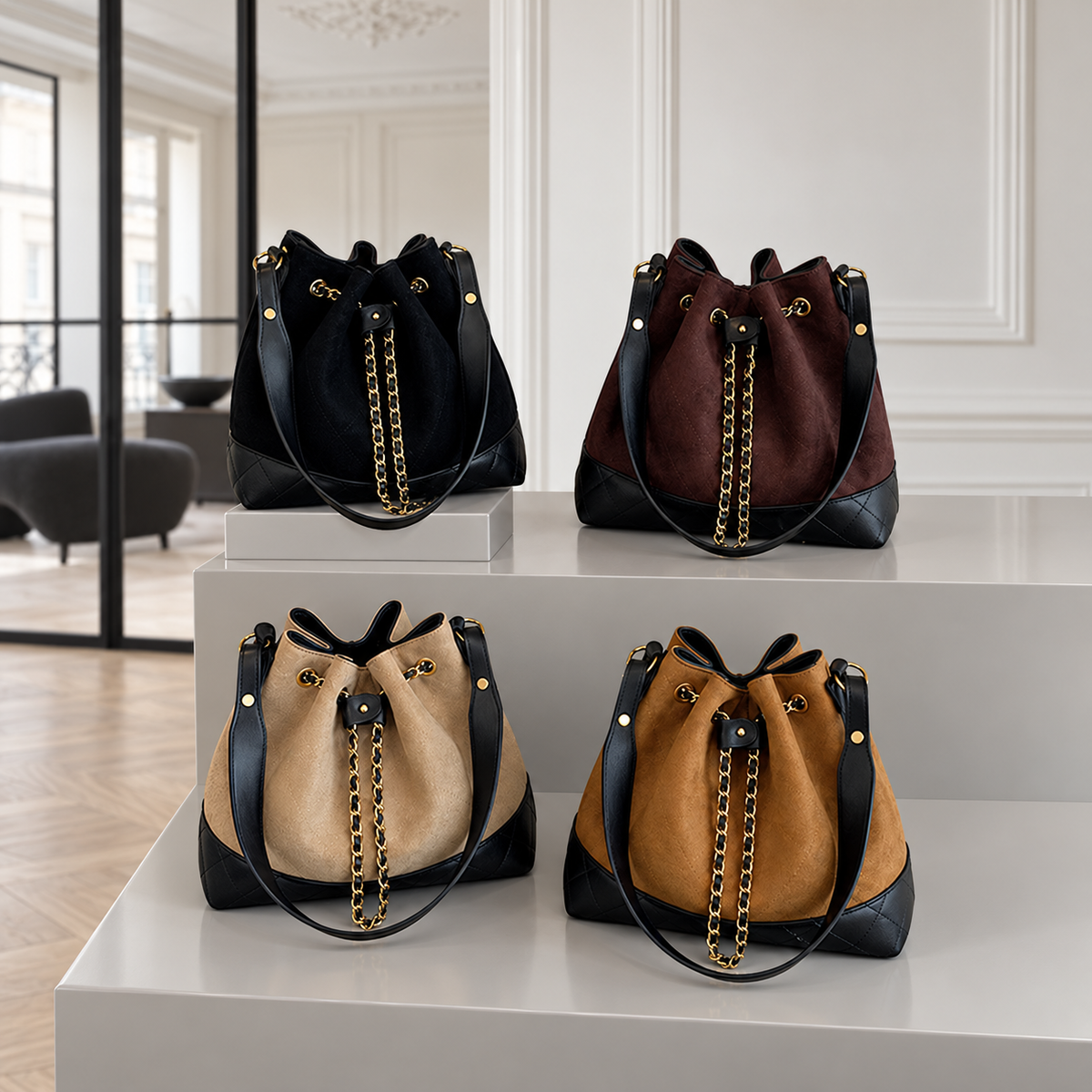 Café Suede Bucket Bag - Espresso Brown