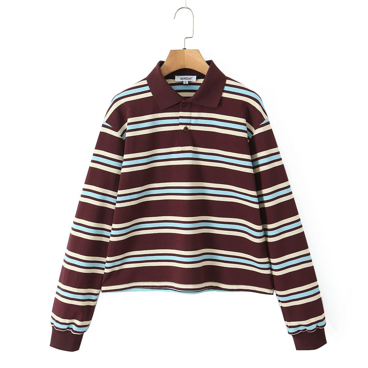 Classic Striped Long Sleeve Polo Top - Mocha Brown