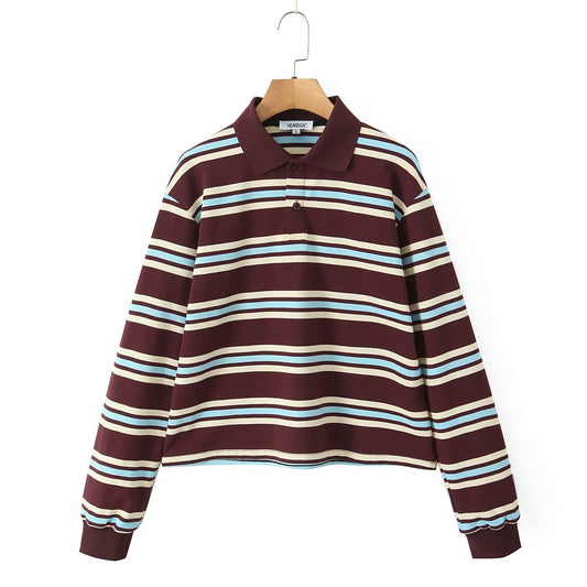 Classic Striped Long Sleeve Polo Top - Mocha Brown