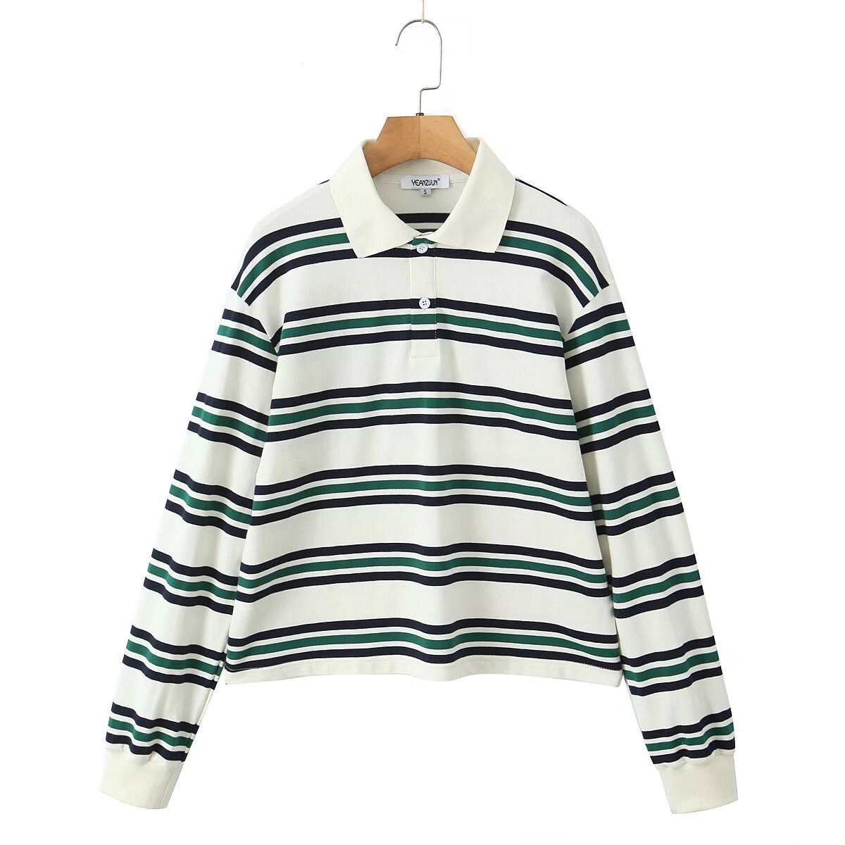 Classic Striped Long Sleeve Polo Top - Mocha Brown