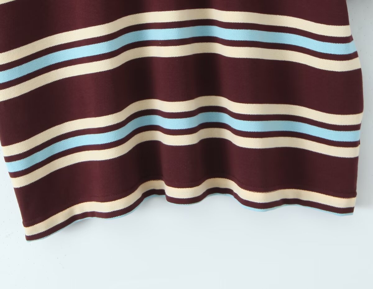 Classic Striped Long Sleeve Polo Top - Mocha Brown