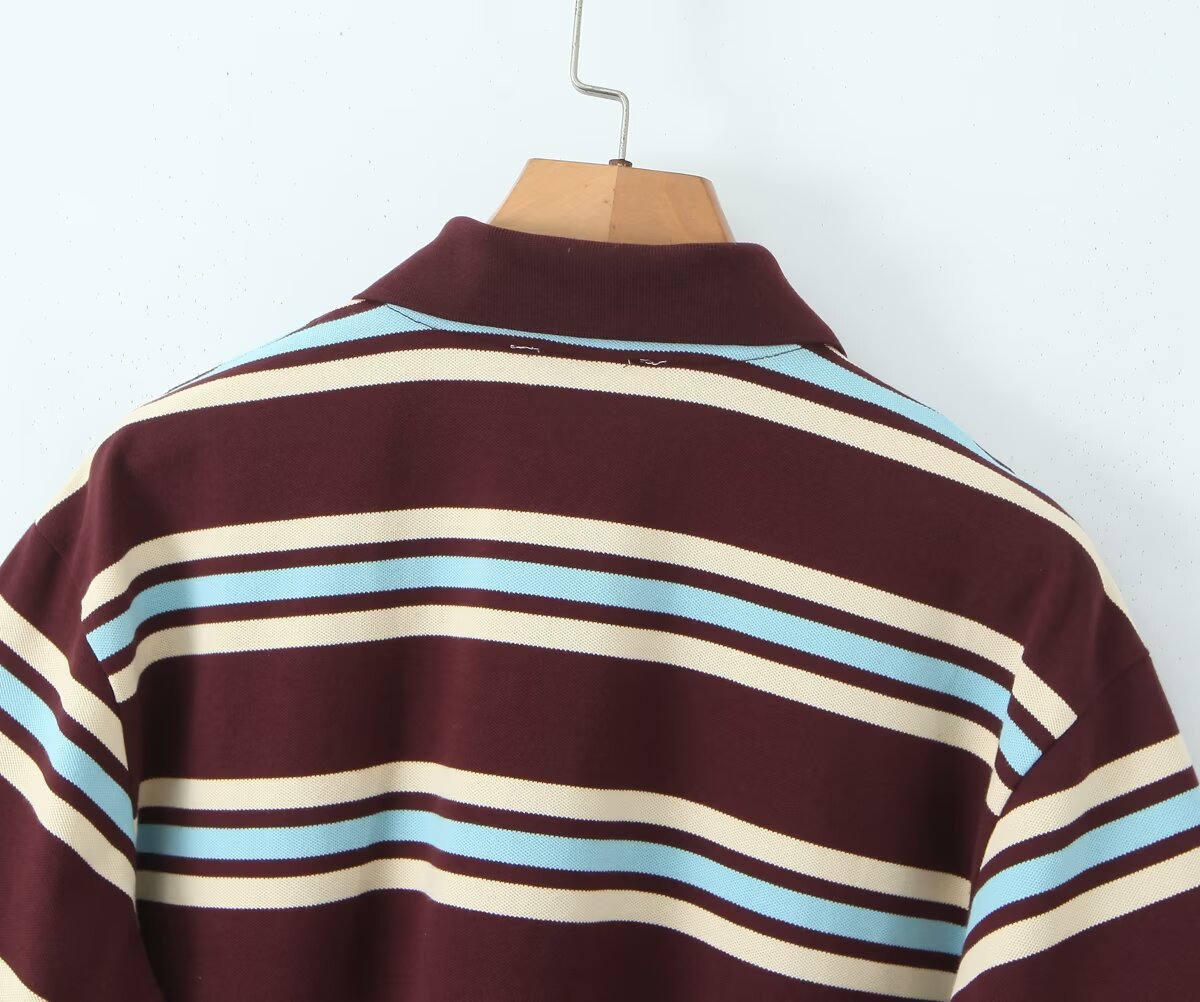 Classic Striped Long Sleeve Polo Top - Mocha Brown