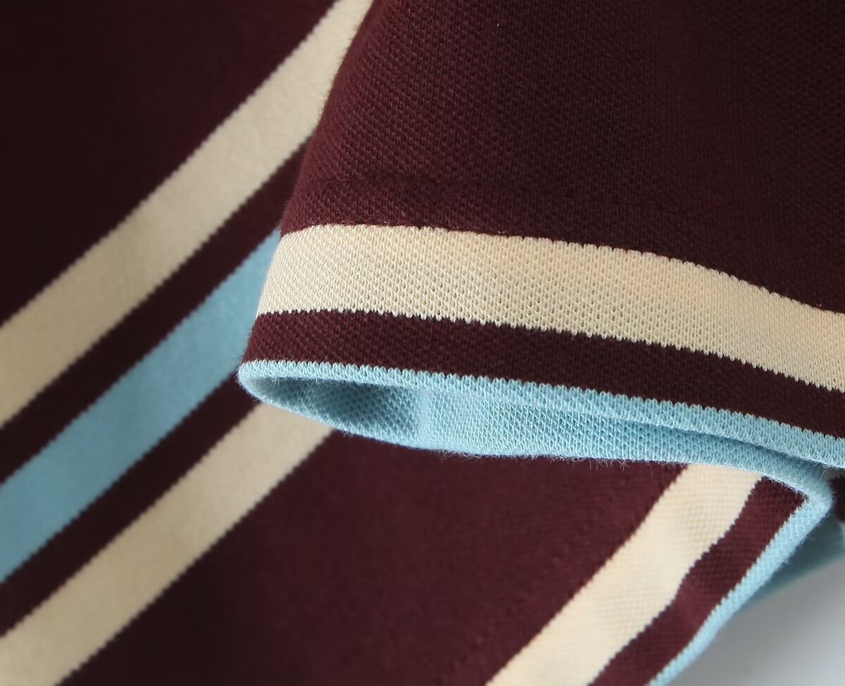 Classic Striped Long Sleeve Polo Top - Mocha Brown