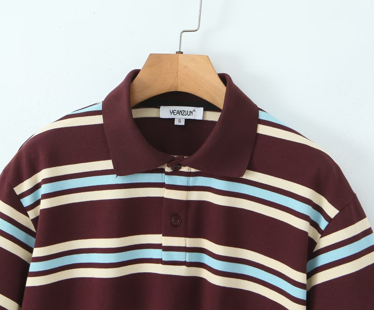 Classic Striped Long Sleeve Polo Top - Mocha Brown