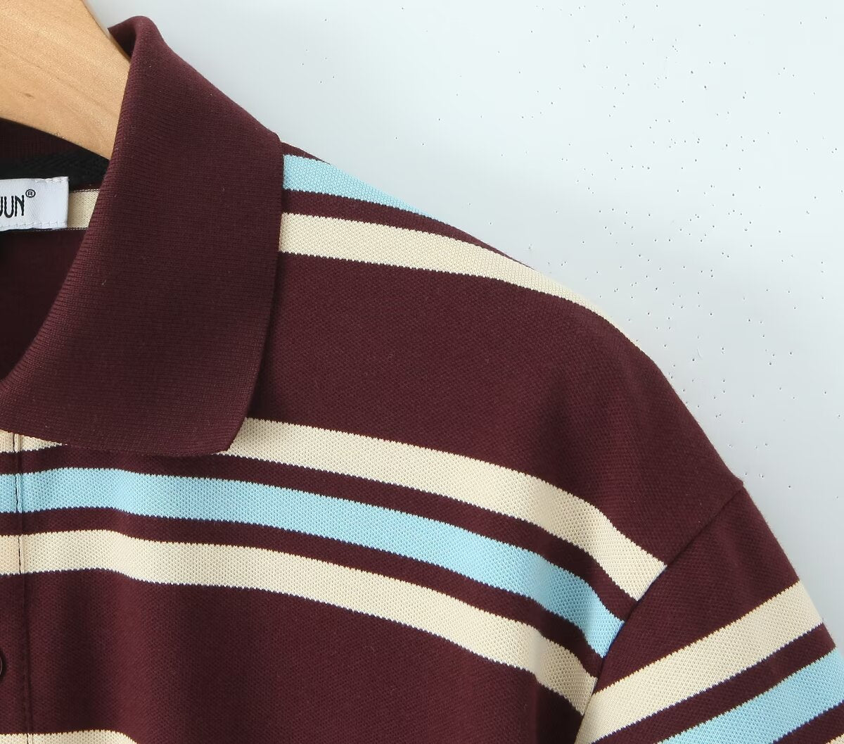 Classic Striped Long Sleeve Polo Top - Mocha Brown