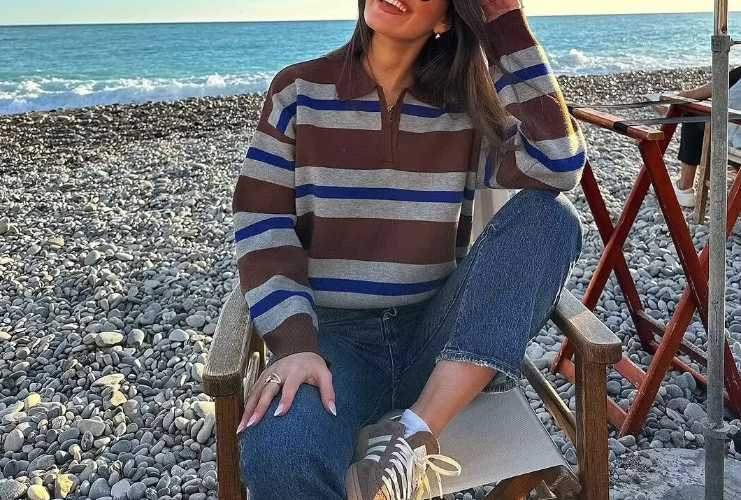 Heritage Multi-Stripe Polo Knit Top - Rosy Blanc