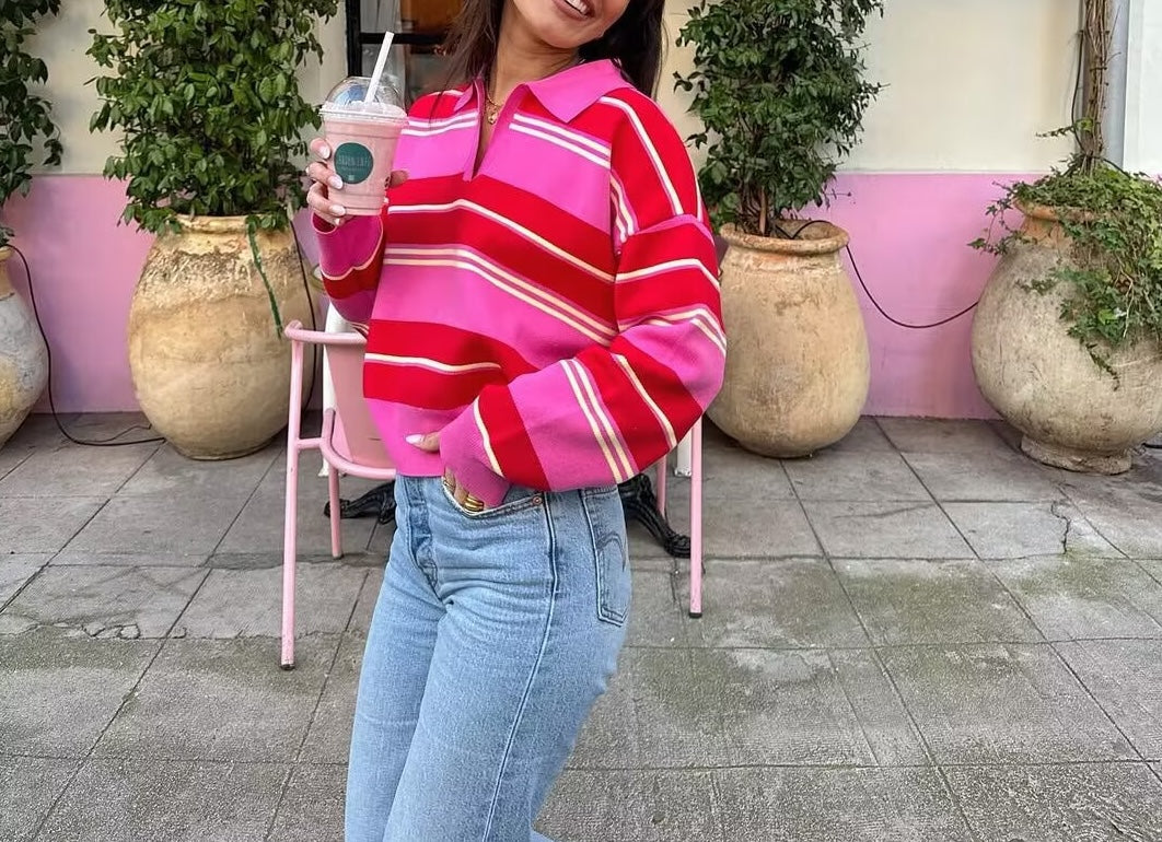 Heritage Multi-Stripe Polo Knit Top - Rosy Blanc