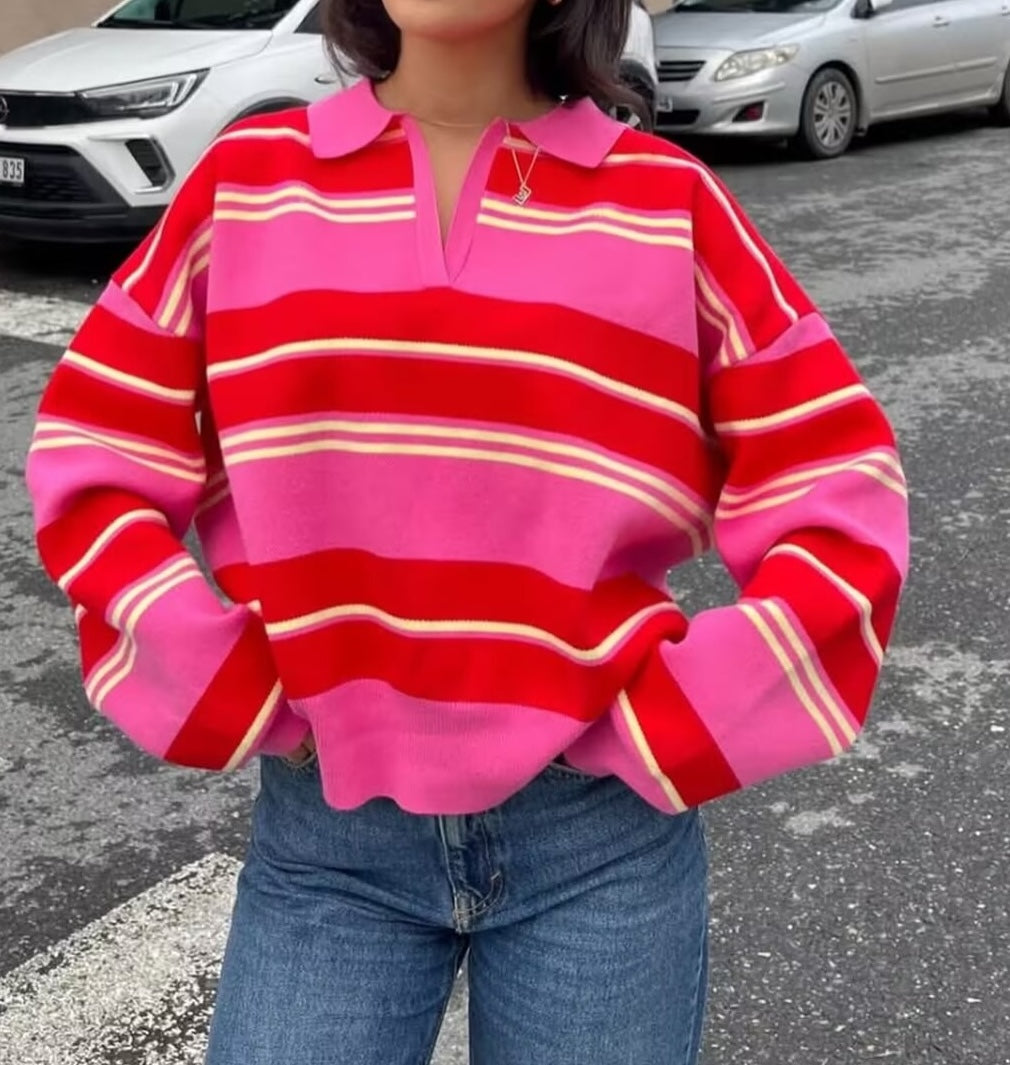 Heritage Multi-Stripe Polo Knit Top - Rosy Blanc
