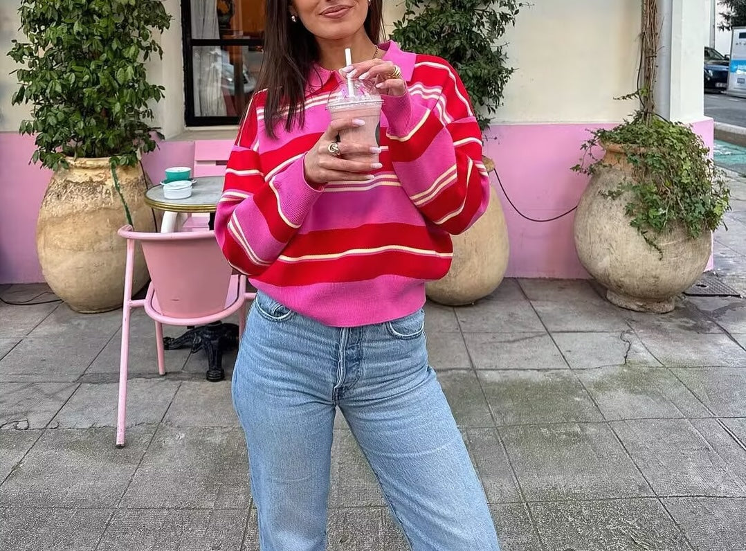 Heritage Multi-Stripe Polo Knit Top - Rosy Blanc