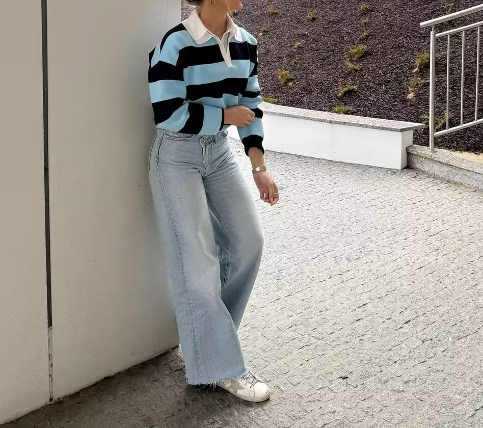 Heritage Stripe Polo Knit Top - Midnight Sky