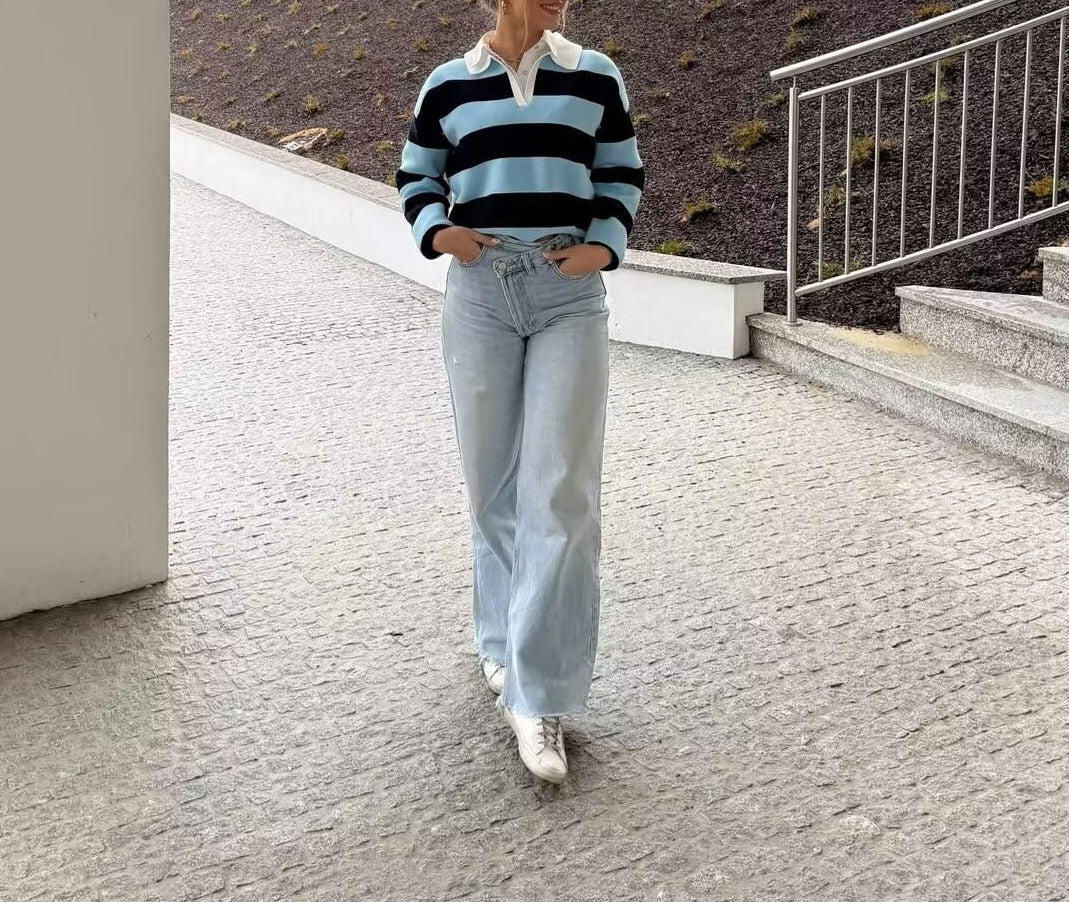 Heritage Stripe Polo Knit Top - Midnight Sky
