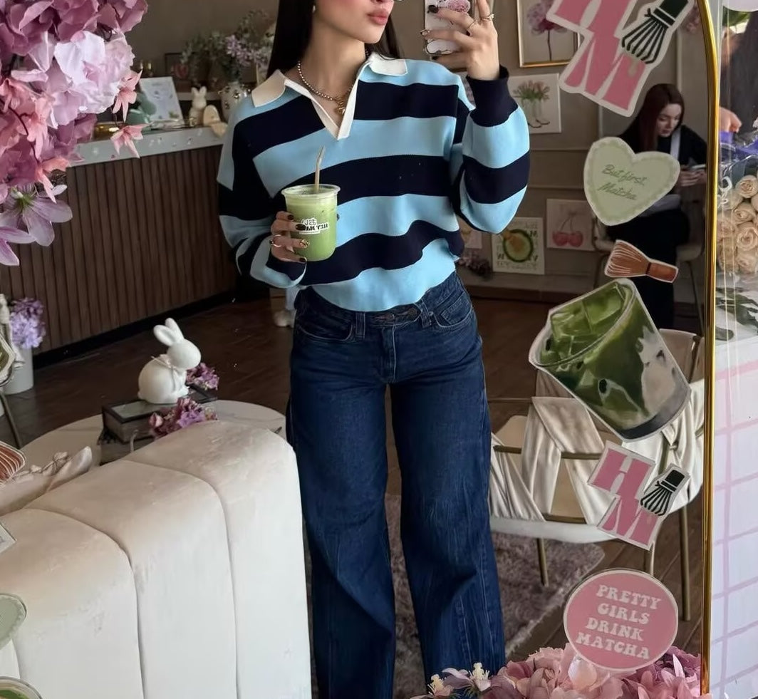 Heritage Stripe Polo Knit Top - Midnight Sky