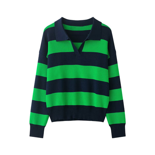 Heritage Stripe Polo Knit Top - Navy Green