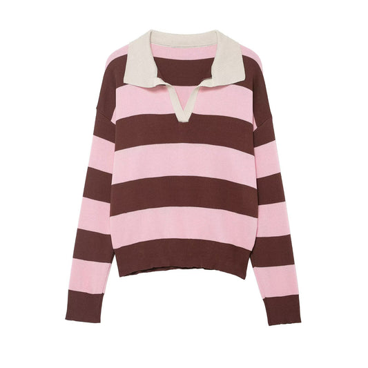 Heritage Stripe Polo Knit Top - Pink Brown