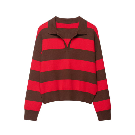 Heritage Stripe Polo Knit Top - Rouge Brown