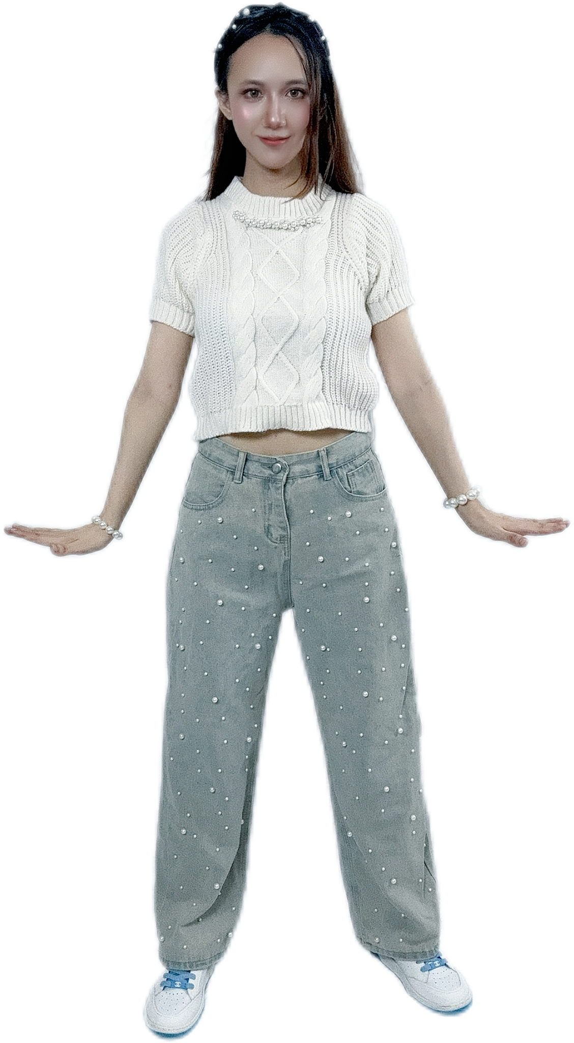 "PaleBlue Pearl Wide Leg Jeans with stylish pearls"