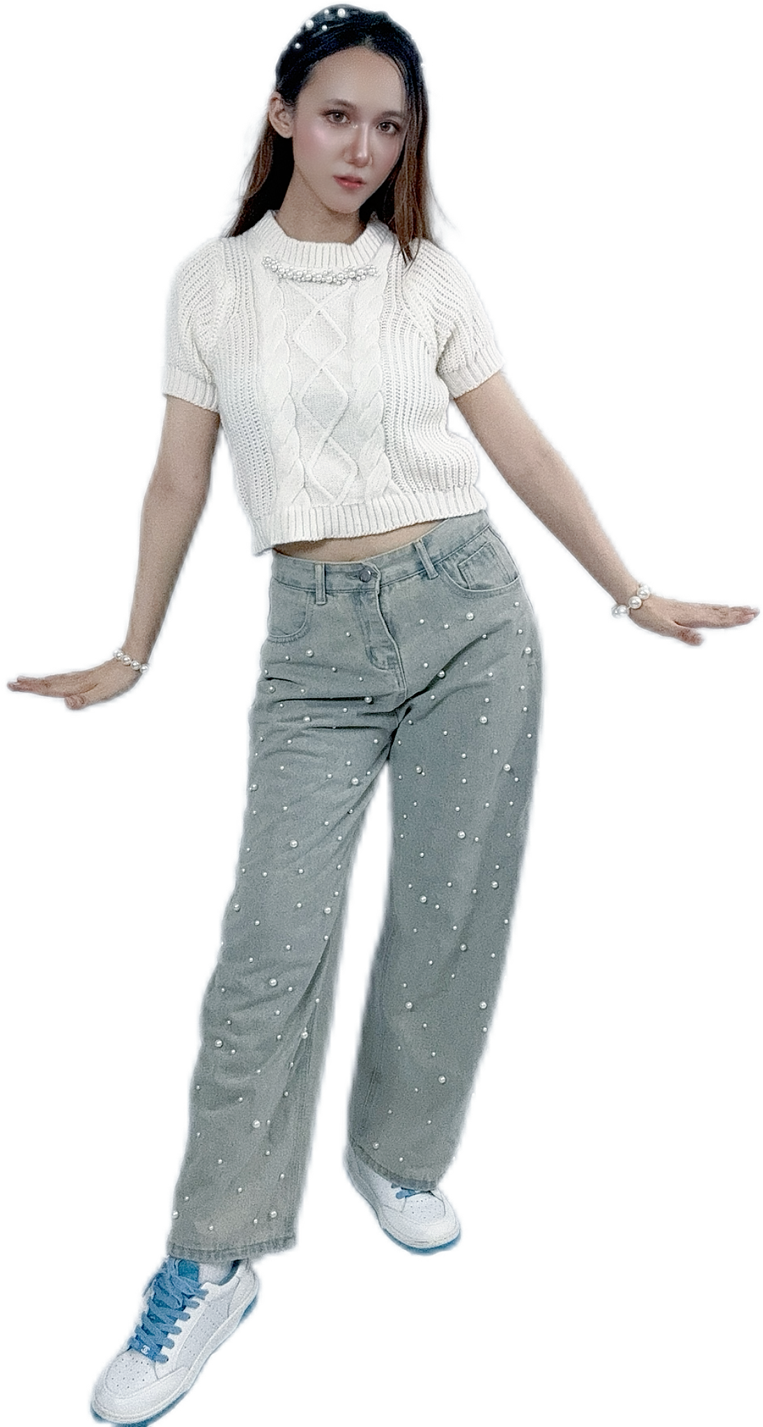 "PaleBlue Pearl Wide Leg Jeans with stylish pearls"