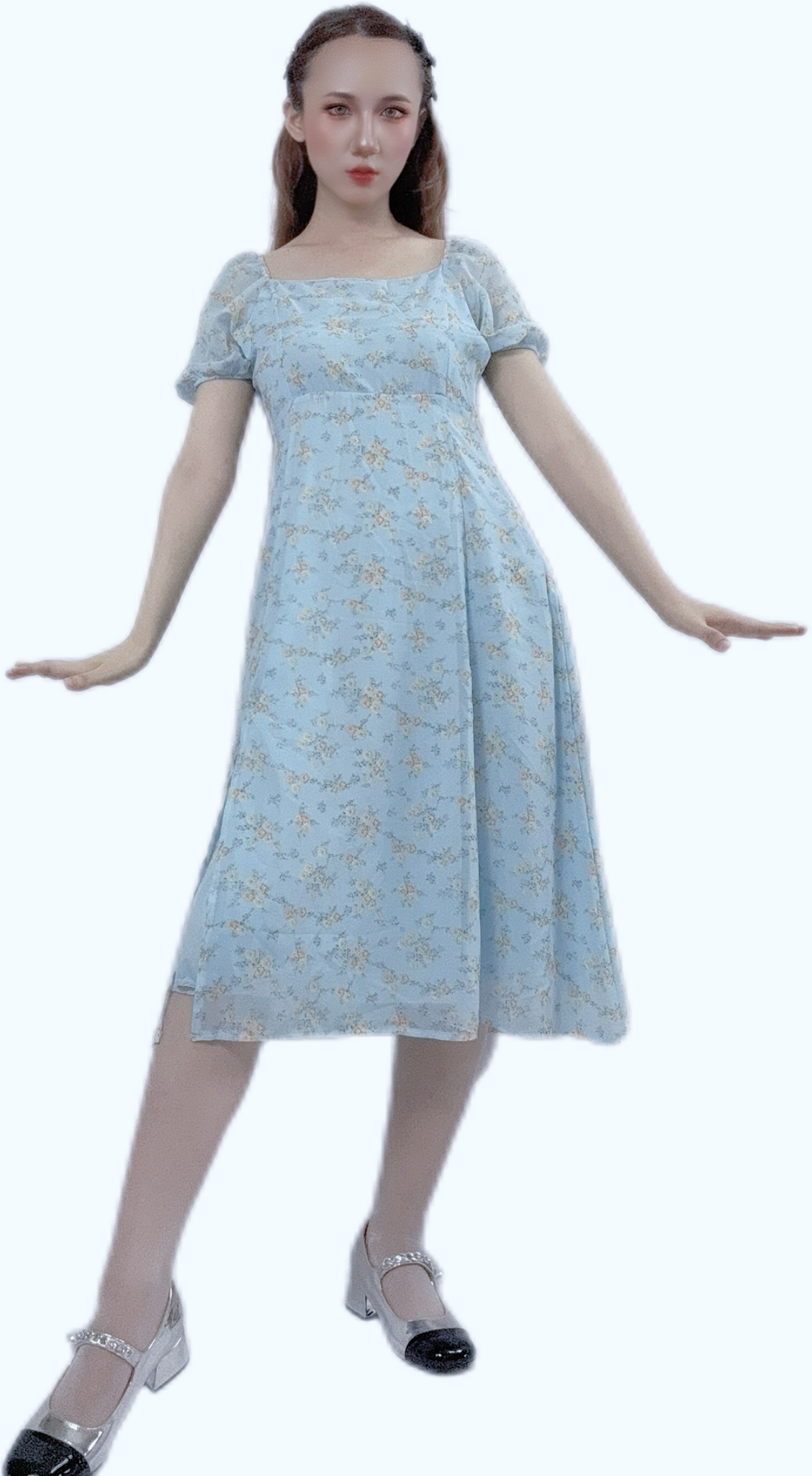 "Blue Petal Evening Dress with elegant petal prints"