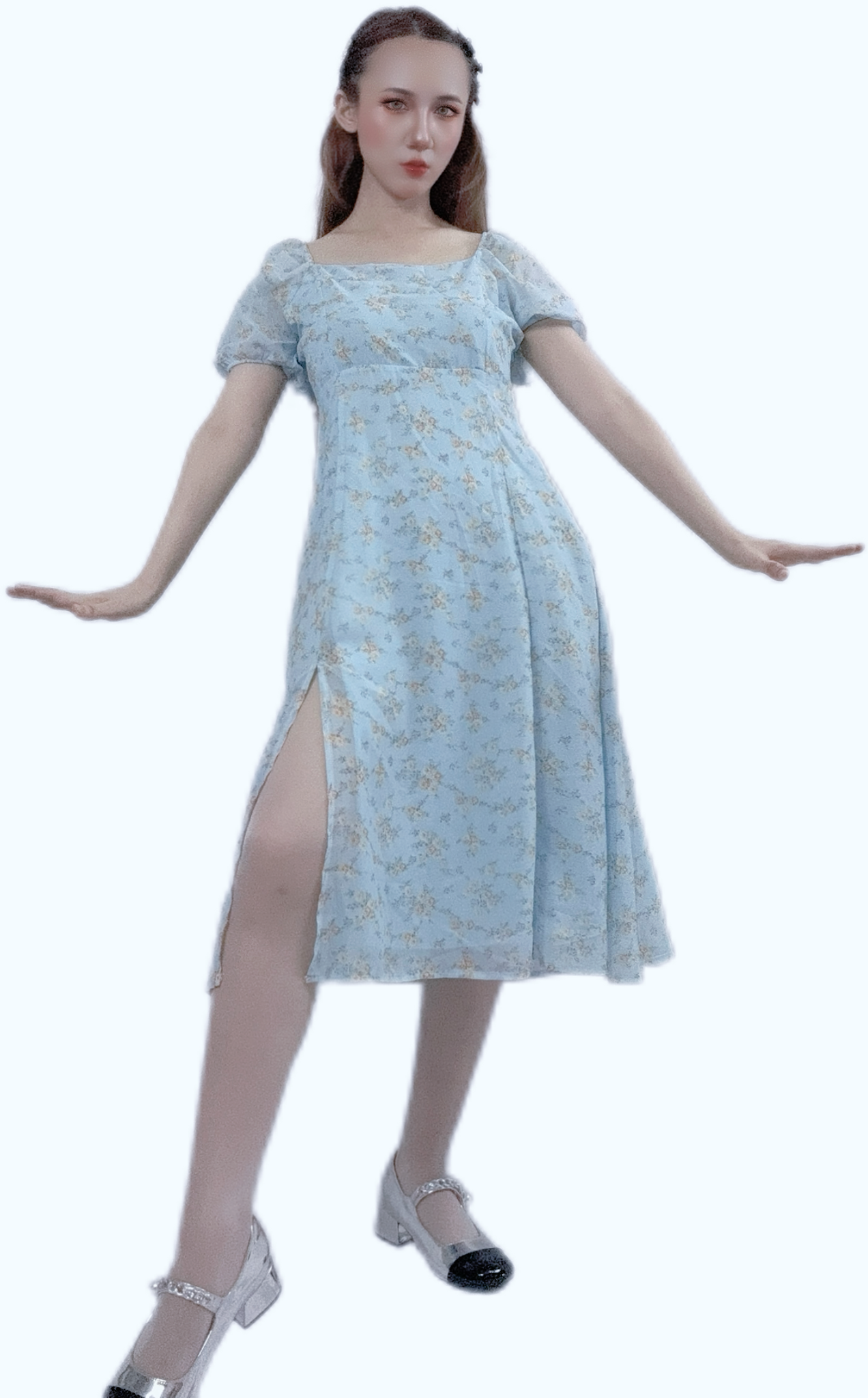 "Blue Petal Evening Dress with elegant petal prints"