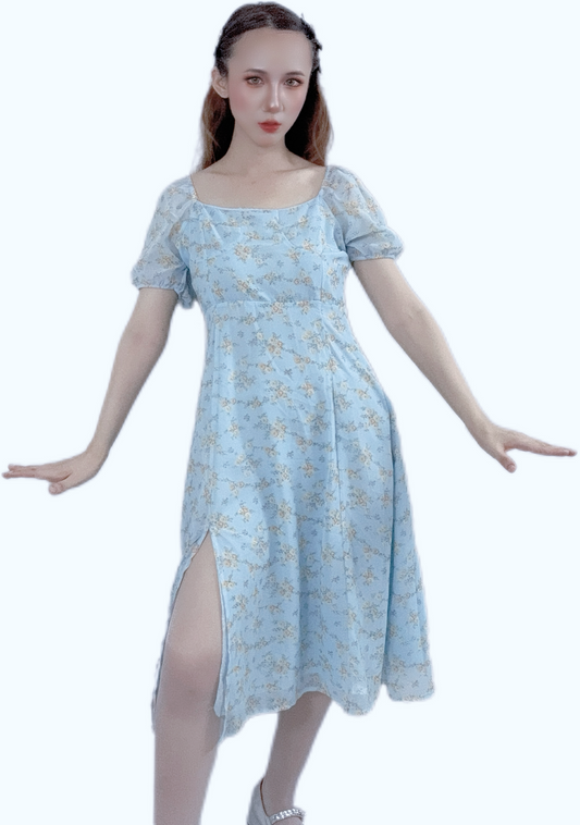 "Blue Petal Evening Dress with elegant petal prints"