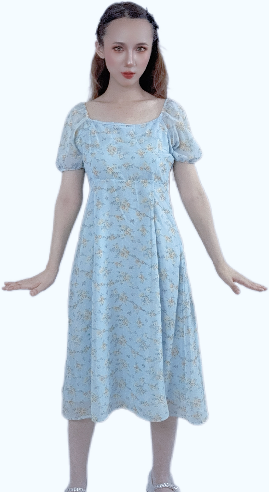 "Blue Petal Evening Dress with elegant petal prints"
