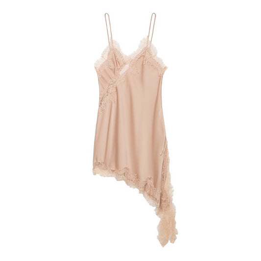 Lace Veil Asymmetrical Dress - Nude Peach