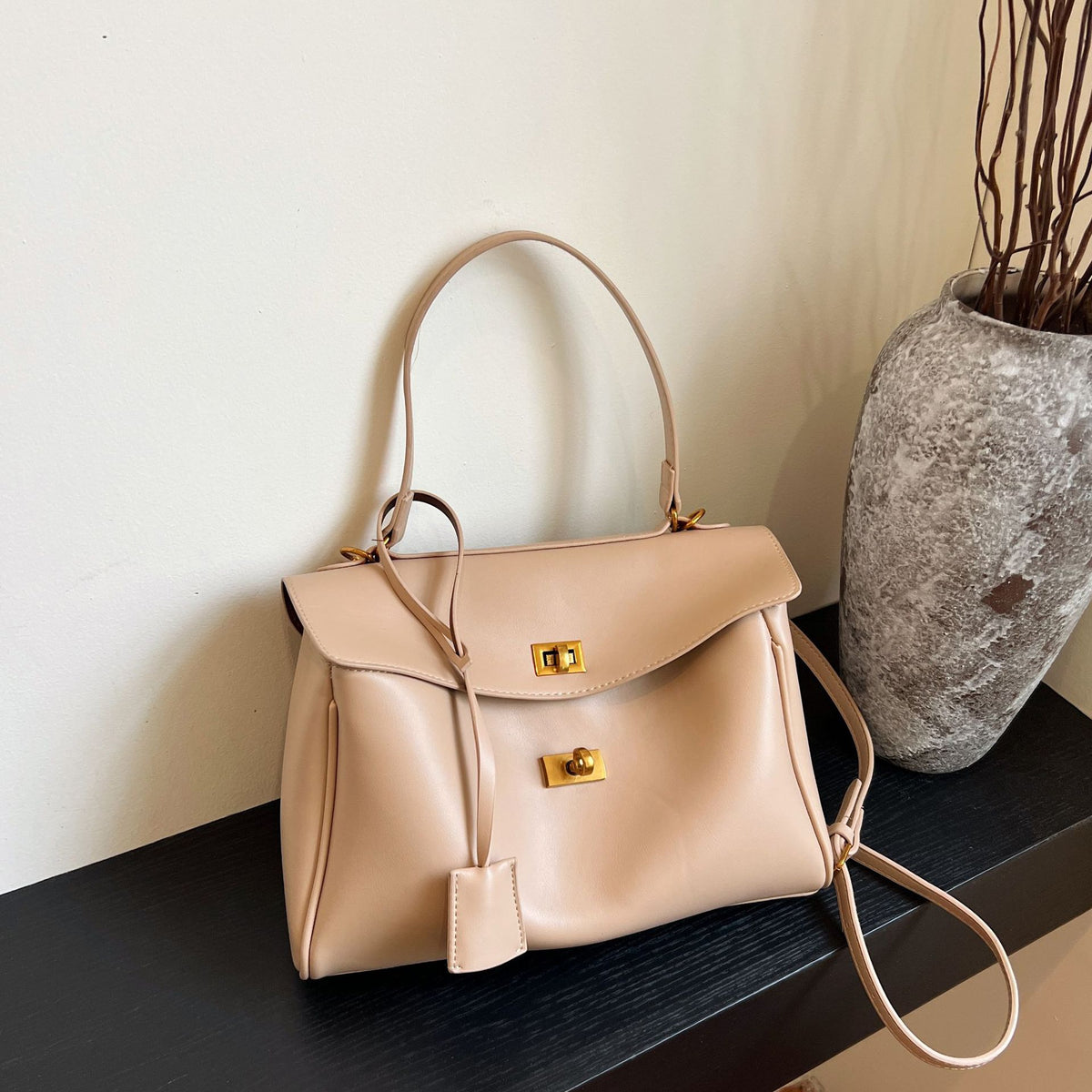Modern Knight Tote Bag - Vintage Gold Buckle - Midnight Black